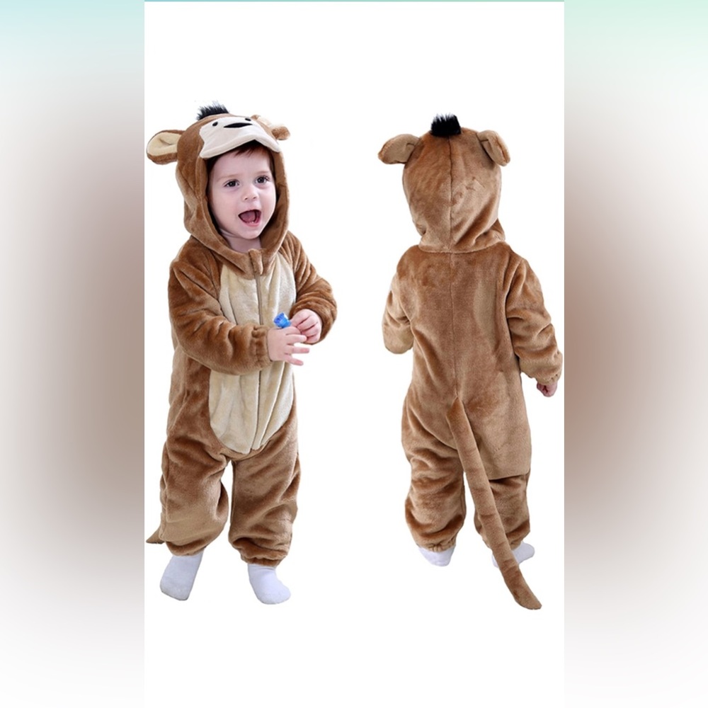 Brown Monkey Baby Halloween Costume Fleece Warm Plush Onesie 3/6 Months